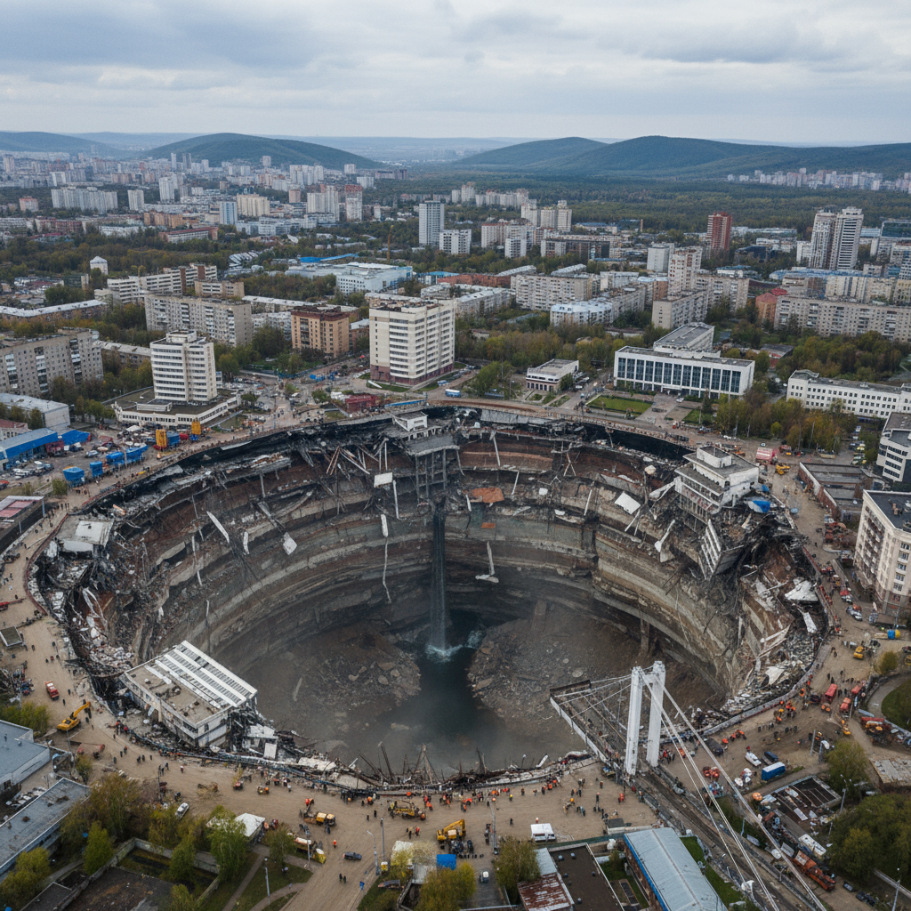 На улице Переездной в Перми образовался глубокий провал на дороге